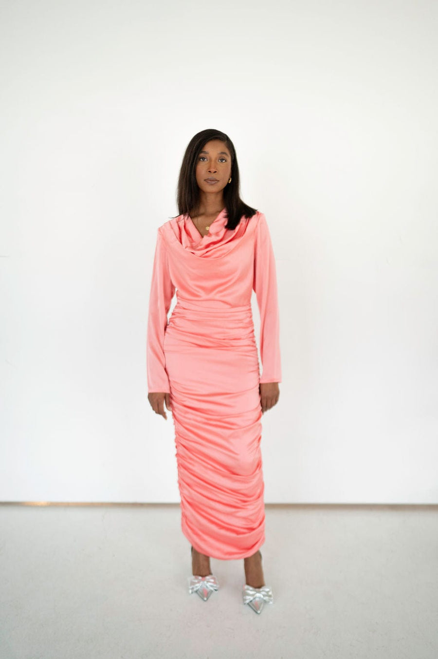 Ife Long Sleeve Draped Maxi Dress- Pink