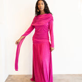 Nala Asymmetrical Sleeve Slinky Maxi Gown